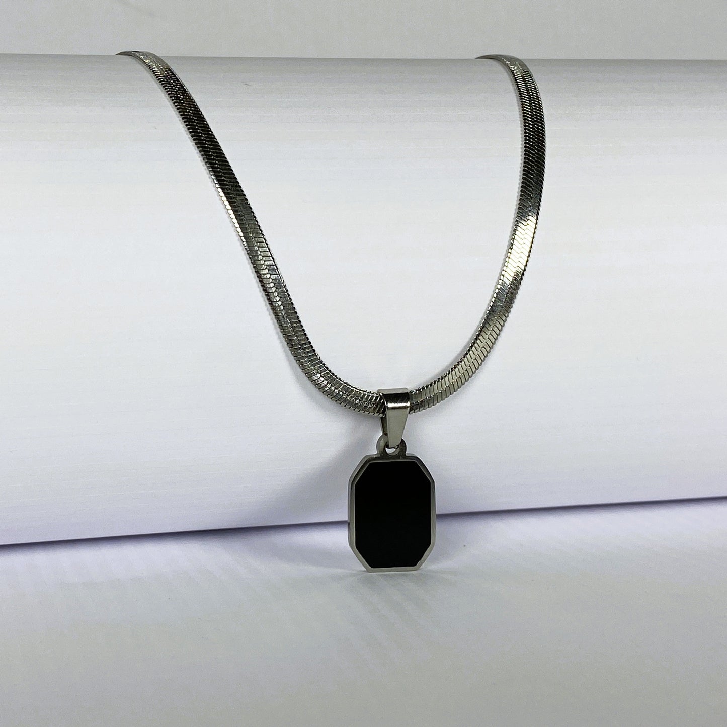 Black Octagonal Metallic Pendant Necklace with Silver Chain