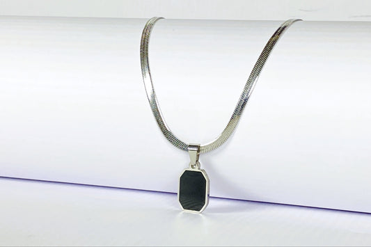 Black Octagonal Metallic Pendant Necklace with Silver Chain