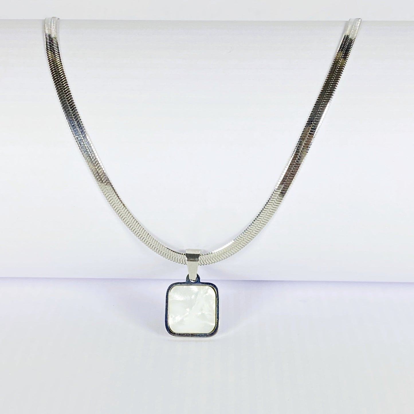 Dual-Sided Square Pendant Necklace with Silver Chain